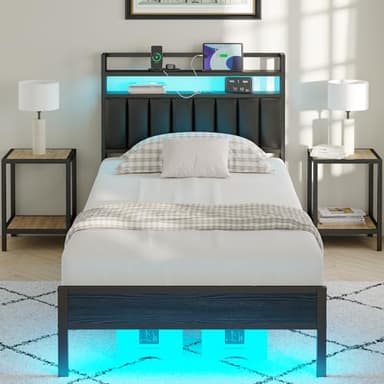 Twin Size Bed Frame with Charging Station and LED Lights, Metal Bed Frame with Headboard, Black Upholstered Headboard with 2-Tier Storage Shelves, Noise Free, No Box Spring Needed, Black - Image 1