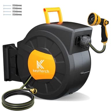 Retractable Hose Reel, 1/2 Inch x 98 FT Compact Water Hose Reel Wall Mounted Garden Hose Reel with 10 Pattern Nozzles, Any Length Lock, Slow Rewind Storage, 180°Swivel Bracket - Image 1
