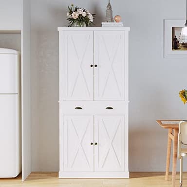 IRONCK Kitchen Pantry Storage Cabinet 72.6" H, with Barn Doors, Drawer, 4 Adjustable Shelves, Freestanding Cupboard, Laundry, White - Image 7