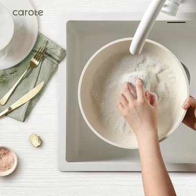 CAROTE 5pcs Pots and Pans Set Non Stick, Cookware Set, Removable Handle Pots and Pans Nonstick, RV Oven Safe Cookware, Induction Kitchen Cookware Set, Knife Set, Cream White - Image 6