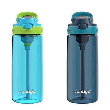 Contigo Kids 20oz 2-Pack Aubrey Water Bottles with Cleanable Silicone Straw Spill-Proof Lid Dishwasher Safe Blue Raspberry/Cool Lime & Blueberry/Juniper BPA-free - Image 1