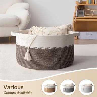 OIAHOMY 90L Blanket Basket for Living Room, Large Basket 23" x 23" x 13" with Handle, Laundry Hamper for Blankets, Pillows, Toy Storage for Kids, Dogs - Brown & White - Image 7