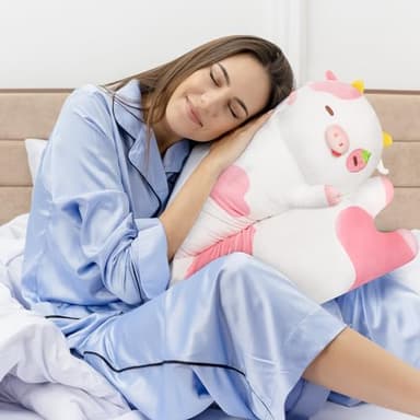 Mewaii Long Cow Plush 5 Sizes, 120% Extra Filling Giant Plushness Kids Body Pillow, Kawaii Cute Strawberry Cow Stuffed Animals Plushies, Big Long Body Pillow Cat Plush Gift for Girls 53” - Image 2