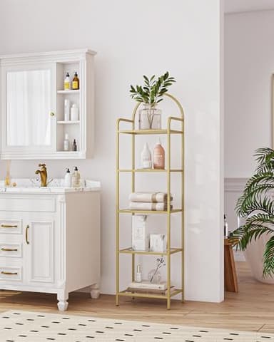 Hzuaneri Bookcase Bookshelf, Tempered Glass Bookshelves, Slim Shelving Unit for Bedroom, Bathroom, Home Office, Steel Frame, 5 Tier Gold BC05001G - Image 8