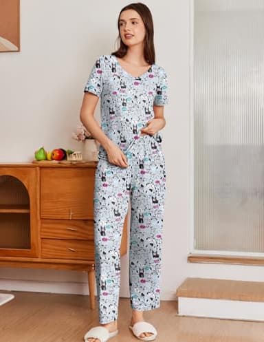 Ekouaer Women'S Pajama Sets, 2 Pack Womens Pajama Sets Short Sleeve with Long Pant Pjs Sleepwear Grey Dog Black Cat XX-Large - Image 3