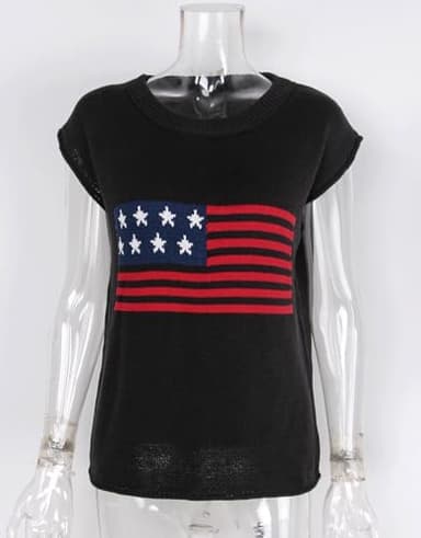 Allifewithu Women's Cap Sleeve Top Crew Neck Summer Sweater Vest American Flag Lightweight Sweaters Tops Black X-Large - Image 6