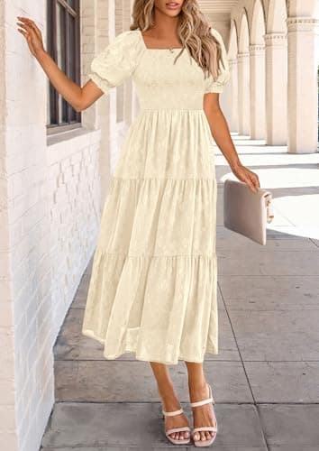 PRETTYGARDEN Women's 2025 Summer Casual Midi Dresses Square Neck Short Sleeve Smocked A Line Floral Flowy Elegant Boho Dress (Beige,X-Large) - Image 3