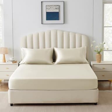 CozyLux Satin Fitted Sheet Queen Size, Beige Silky Satin Bed Fitted Sheet Only with Silky Microfiber, Deep Pocket, Single Bottom Sheet Sold Separately, Breathable, Smooth and Soft - Image 2