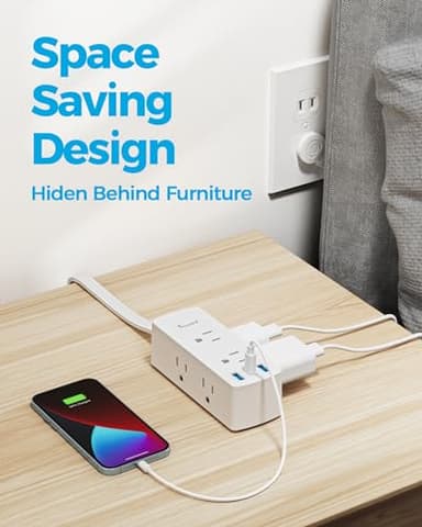 Short Extension Cord 3ft - Olcorife Flat Plug Power Strip with 6 Outlets 3 USB Ports(1 USB C), Small Outlet Extender for Travel Dorm Room Essentials, White - Image 5