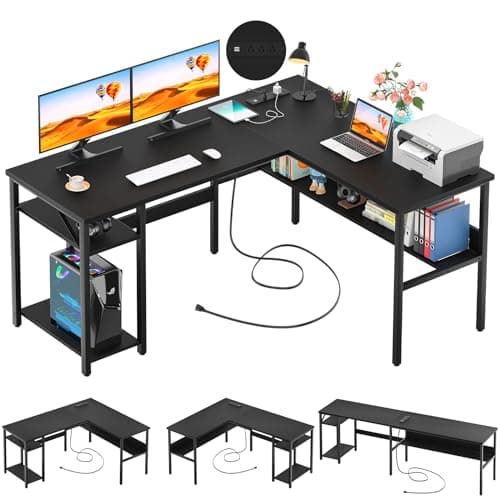 Unikito Reversible L Shaped Desk with Magic Power Outlets and USB Charging Ports, Sturdy Corner Computer Desk with Storage Shelves, Gaming Table Home Office Desk, Easy to Assemble, Black - Image 1