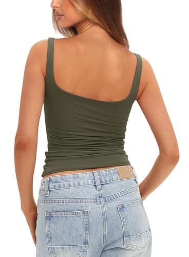 Darong Women Double Lined Square Neck Tank Top Basic Cami Shirt Built in Bra 9208 Army Green L - Image 3
