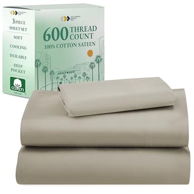 California Design Den Luxury Twin Sheet Set - 100% Cotton, 600 Thread Count Deep Pocket Twin Sheets, Soft Hotel-Quality Bedding with Sateen Weave (Cool Taupe) - Image 1