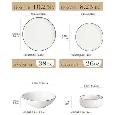 MALACASA Plates and Bowls Sets, 24 Pieces Modern Porcelain Dinnerware Set for 6 Ceramic Dishware Dishes White Kitchen Dinner Dining Ware Set wtih Black Rim Microwave and Dishwasher Safe, Series LUNA - Image 2