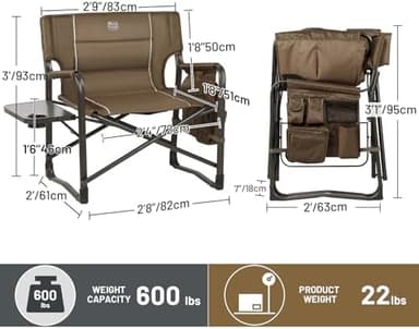 Timber Ridge XXL Upgraded Oversized Directors Chairs with Foldable Side Table, Detachable Side Pocket, Heavy Duty Folding Camping Chair up to 600 Lbs Weight Capacity (Brown) Ideal Gift - Image 3
