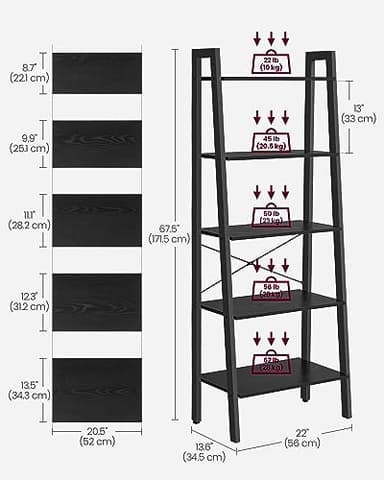 VASAGLE Ladder Shelf, 5-Tier Bookshelf, Storage Rack, Bookcase with Steel Frame, for Living Room, Home Office, Kitchen, Bedroom, Industrial Style, Ebony Black and Ink Black ULLS045B56 - Image 3