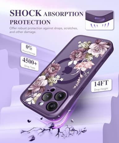 GVIEWIN for iPhone 16 Pro Case Compatible with MagSafe, [Military Grade Protection] [2X Screen Protector] Full Camera Protection Floral Translucent Women Magnetic Phone Case, Cherry Blossoms/D. Purple - Image 7