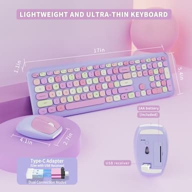 Wireless Keyboard and Mouse Combo, Colorful Ergonomic Full Size Retro Low-Noise Keyboard with Cute keycaps, Compatible with Windows, PC, Perfer for Home and Office Keyboards (Purple) - Image 4