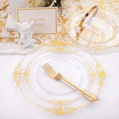 Nervure 175PCS Clear Gold Plastic Plates - Disposable Gold Party Plates & Pre Rolled Napkins with Cutlery for 25 Guests, 50Plates, 75Silverware, 25Cups, 25Napkin for Wedding & Party & Thanksgiving - Image 2