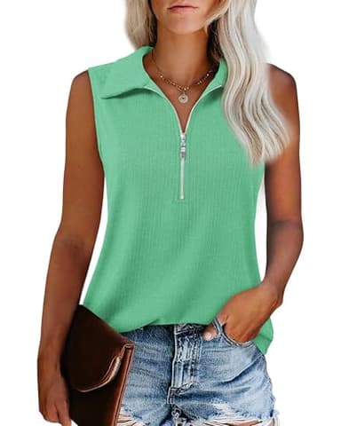 Vivilli Tops for Women Trendy Spring Summer Tank Top Sleeveless Blouses Casual Work Clothes Women's Polo Shirts Zip Ladies Resort Wear Office Outfits Business Cute Tunic Ribbed Tanks Pool Blue XL - Image 2