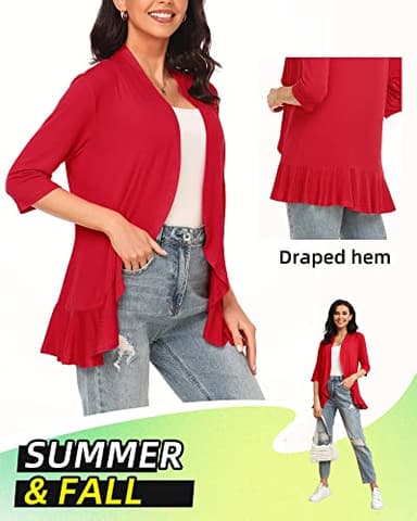 Argstar Red Cardigan for Women, Lightweight Open Front Casual Soft Draped Ruffles 3/4 Sleeve X-Large - Image 5