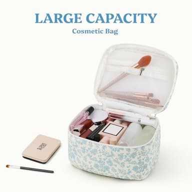 Prite Large Makeup Bag Cute Cosmetic Bag for Women Floral Coquette Aesthetic Toiletry Bag Travel Make Up Organizer Bag(Blue Flower) - Image 5