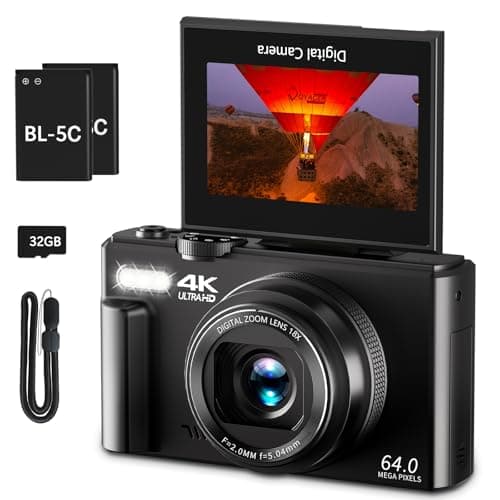 4K Digital Camera for Photography, 64MP Vlogging Camera for YouTube with 3" 180° Flip Screen, 18X Digital Zoom Point and Shoot Camara with 32GB Micro SD Card for Beginner (Black) - Image 1