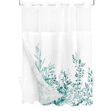 Tititex No Hooks Snap in Liner Teal Eucalyptus Leaves Shower Curtain Sets, Hotel Luxury Double Layers Waterproof Fabric & See-Through Top Window Bathroom Decorative 72x84 Inch - Image 4