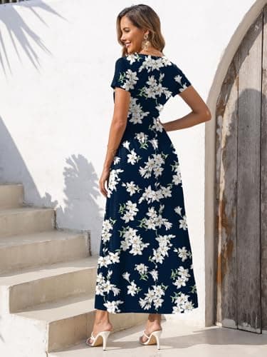 Gracyoga Sundresses for Women 2025 Fall Blue Casual Midi Flowy Wrap V Neck Dress Short Sleeve Blue Lily Print Dresses Summer Vacation Outfits XL - Image 6