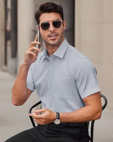 Alimens & Gentle Mens Short Sleeve Dress Shirts Wrinkle Free Solid Casual Button Down Shirts with Pocket, Light Grey, Small - Image 7