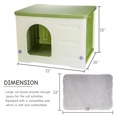 Nagpew Plastic Cat House Indoor Outdoor, Waterproof Feral Cat Shelter with Mat, Escape Door, Sturdy Large Pet House for Cats, Puppy, Rabbit, Easy Assemble, Green - Image 2