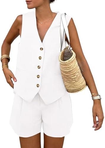 PRETTYGARDEN Women's Summer 2 Piece Outfits Sleeveless Matching Sets Button Down V Neck Vest Waistcoat and Pockets Shorts - Image 3