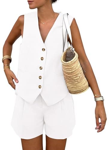 PRETTYGARDEN Women's Summer 2 Piece Outfits Sleeveless Matching Sets Button Down V Neck Vest Waistcoat and Pockets Shorts (White,Large) - Image 1