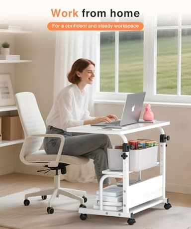 QZMDSM Portable Desk with Wheels Small Standing Desk on Wheels Adjustable Height Rolling Desks for Small Spaces, 32" Computer Desks with Storage Shelves for Home Office Study White - Image 2