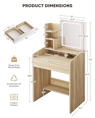 LIVELYGLOW Small Makeup Vanity Desk with Lighted Mirror, Wooden, 23.62" W x 15.74" D x 53.93" H (Smart LED Mirror, Open Shelves, 2 Drawers) - Image 4