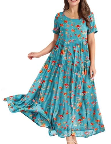 YESNO Women Casual Loose Bohemian Floral Dress with Pockets Short Sleeve Long Maxi Summer Beach Swing Dress XL EJF CR14 - Image 1
