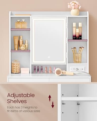 VASAGLE KAILYN Collection - Vanity Desk with Power Outlets, Makeup Vanity with Mirror and Lights, Upholstered Vanity Stool, LED Lights, 6 Compartments, 2 Drawers, for Bedroom, Cloud White URDT031W01 - Image 8