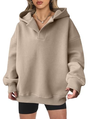 ANRABESS Womens Oversized Hoodies V Neck Sweatshirts Fleece Long Sleeve Pullover Y2K Clothes 2025 Fall Trendy Outfits Khaki Brown XL - Image 1