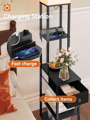 addlon Floor lamp with 2 USB, 1 Outlet and Drawer, 3 Color Temperatures LED Bulb (9W), Sofa lamp with White lampshade, Display Floor lamp with Shelves for Living Room, Bedroom and Office - Black - Image 2