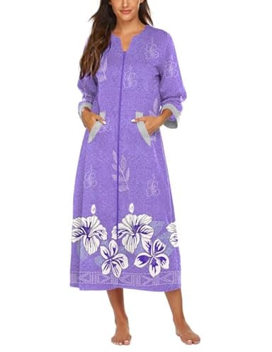 Ekouaer Robe for Women Zipper Robe 3/4 Sleeves Loungewear Full Length Sleepwear Pocket Housecoat Nightgown Long Bathrobe - Image 1
