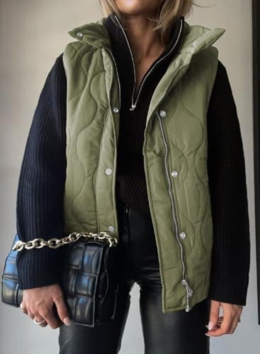 EVALESS Cute Cropped Puffer Vest Women Lightweight Quilted Stand Collar Sleeveless Jackets Fall Winter 2025 Button Zip Up Jacket Warm Coat Outerwear with Pockets Green Medium - Image 2