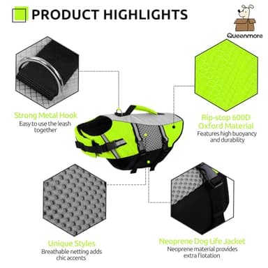 Queenmore Dog Life Jacket Small Float Vests for Swimming Boating Kayaking Mediumn Puppy Dogs Cats Neoprene Life Preserver Pet Water Lifesaver Lightweight Reflective Green,XS - Image 2
