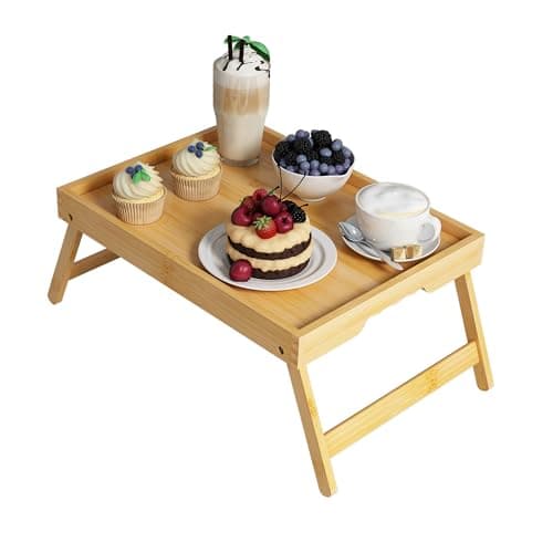 Youpehom Bed Tray Table with Folding Legs,Bamboo Breakfast in Bed for Kitchen Serving Tray,Sofa,Eating,Used As Laptop Desk Snack Tray (Bamboo, Large) - Image 1