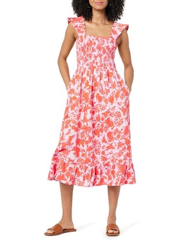 The Drop Women's Kimi Ruffled Shoulder Smocked Midi Dress, Pink/Orange Floral Print, L - Image 1