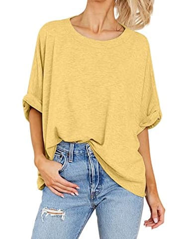 Women Oversized T-Shirt Summer Casual Short Sleeve Loose Tee Tops Yellow - Image 2