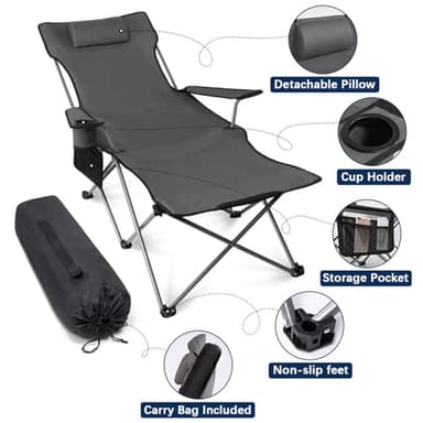 apollo walker Camping Chairs for Adults - 6 Legged Beach Chair with Foot Rest, Adjustable 90° - 135° Reclining Lounge Chair Outdoor, Folding Chairs for Outside with Detachable Pillow & Carry Bag Grey - Image 7