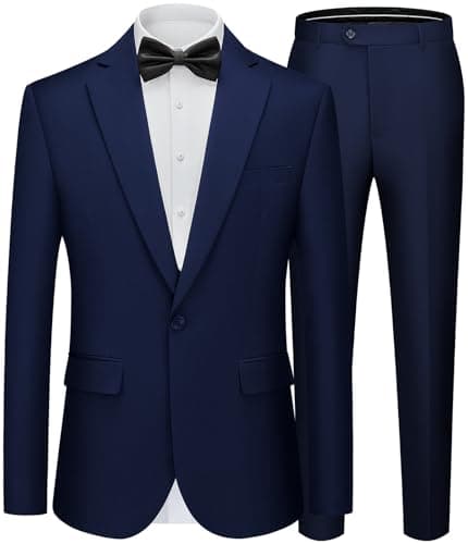 WEEN CHARM Men's Suit Regular Fit 2 Piece Wedding Tuxedo One Button Groom Prom Party Solid Blazer Pants Suit Set Navy Blue - Image 1