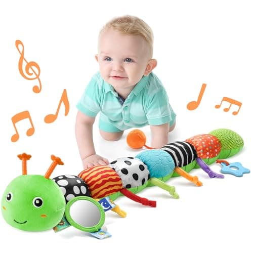 LIGHTDESIRE Baby Toys Musical Caterpillar,Infant Toys Stuffed Animals with Ruler Design,Mirror,Pull String&Ring Bell,Baby Teething Toy for Tummy Time Toy Newborn Boy Girl 3 6 12 Months(Grass Green) - Image 1