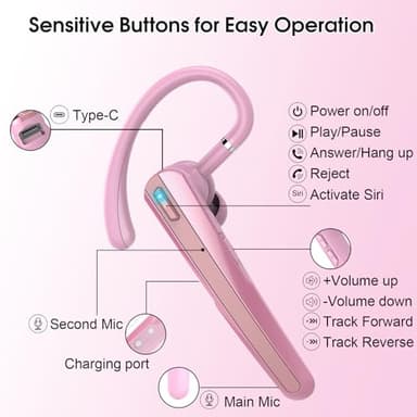 Bluetooth Headset V5.3, Wireless Earpiece with Dual ENC Noise Canceling Mic, 120H Hand-Free Talk Single-Ear Bluetooth Earpiece with LED Display, IP7 Waterproof Headphones for Trucker/Business, Pink - Image 5