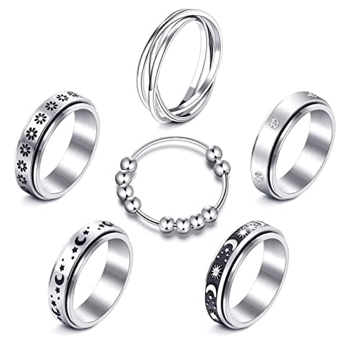 MUCAL Fidget Rings for Anxiety 8pcs Stainless Steel Spinner Ring Anti Spinning Moon Star Cool Stress Relieveing Women Men - Image 1