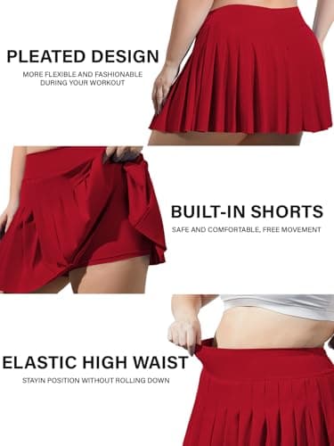 Moon Wood Women's Plus Size Pleated Tennis Skirt- Girls High Waist Athletic Golf Skirts with Shorts Red - Image 2